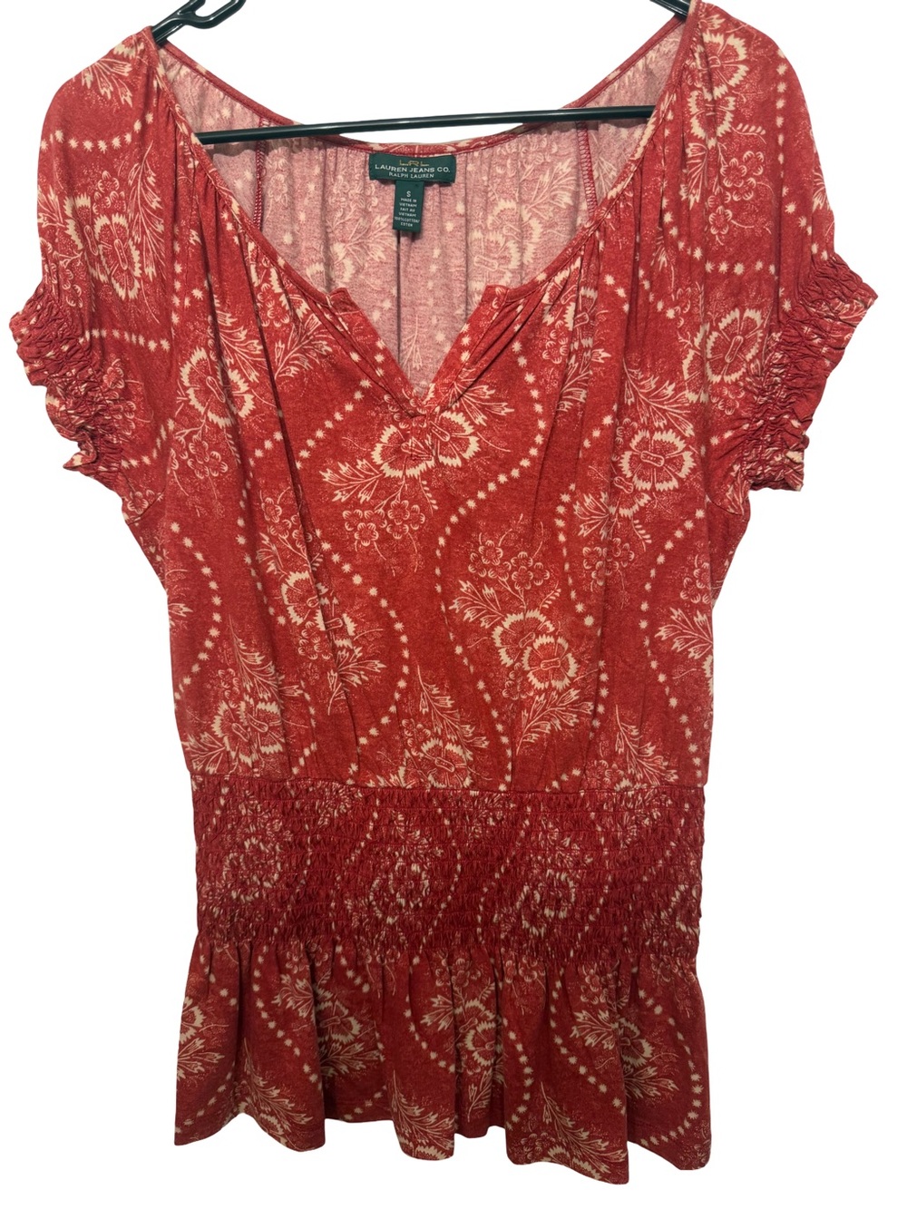Ralph Lauren Red Floral V-Neck Smocked Waist Tunic